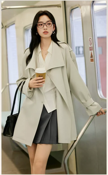 Women's casual windbreaker 2026 autumn British waist cinched mid length coat
