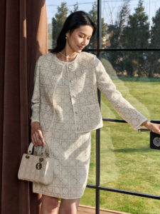 Floating embroidery rattan plaid short jacket&sleeveless dress temperament set