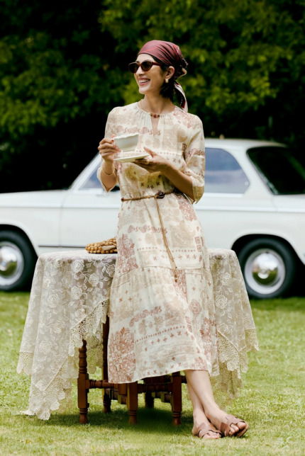 Real silk linen Perris printed French holiday dress