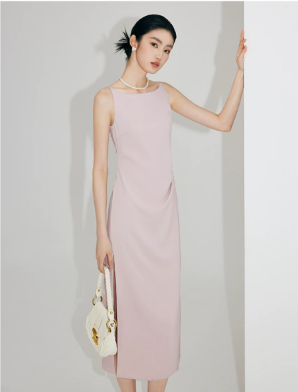 Light pink camisole dress for women in summer, one shoulder long skirt
