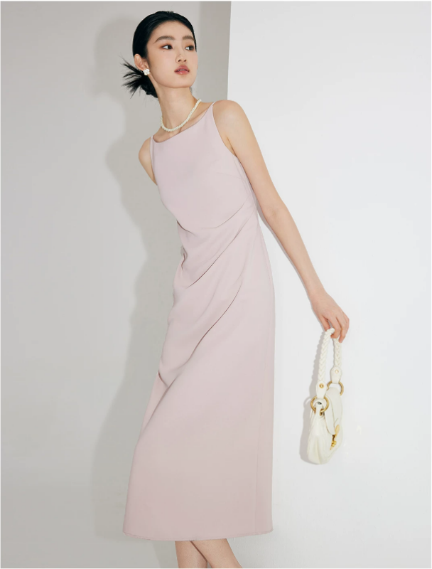 Light pink camisole dress for women in summer, one shoulder long skirt