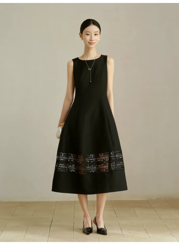Exquisite lace hollow out sleeveless waist cinching cocoon shaped large swing temperament dress