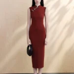 Jujube red contrasting slim fit cheongsam dress