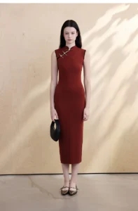 Jujube red contrasting slim fit cheongsam dress