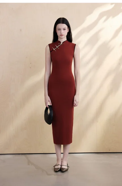 Jujube red contrasting slim fit cheongsam dress