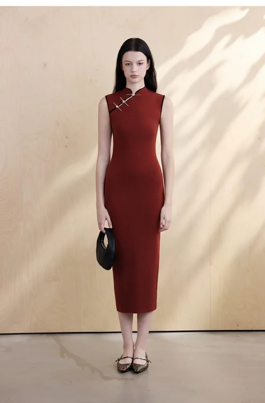 Jujube red contrasting slim fit cheongsam dress