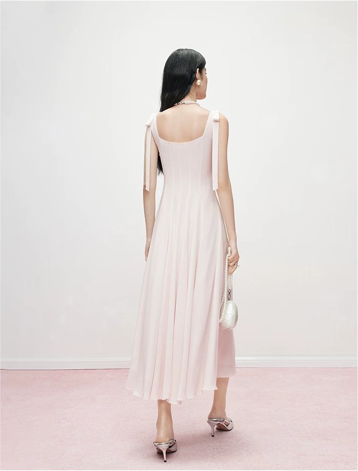 Bow square neck pink dress!!666293406 Bow square neck pink dress