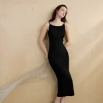 One collar camisole black dress, minimalist and elegant slim fit dress