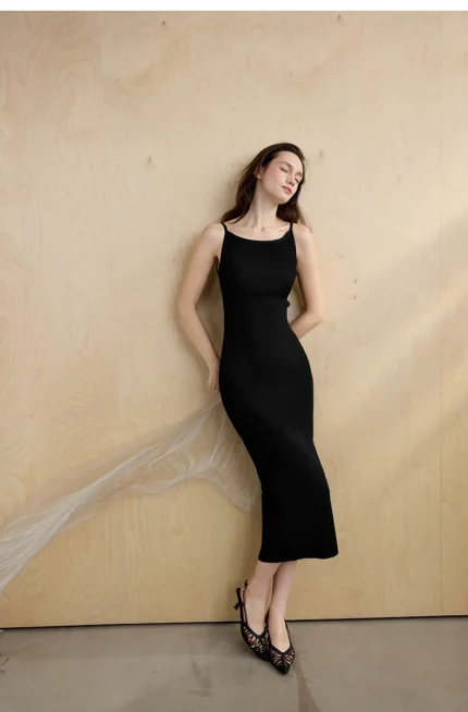 One collar camisole black dress, minimalist and elegant slim fit dress