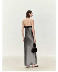 Acetate satin flowing lace patchwork V-neck suspender dress
