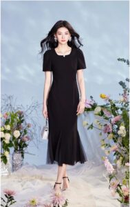 Square collar temperament fish tail dress