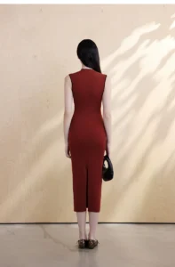 Jujube red contrasting slim fit cheongsam dress