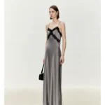 Acetate satin flowing lace patchwork V-neck suspender dress