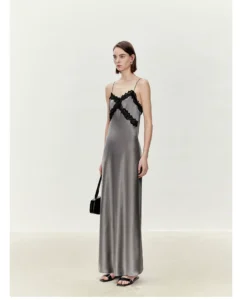 Acetate satin flowing lace patchwork V-neck suspender dress