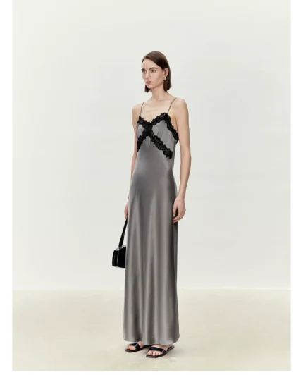 Acetate satin flowing lace patchwork V-neck suspender dress