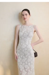 French lace dress autumn one neck sleeveless slim white dress