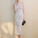 French lace dress autumn one neck sleeveless slim white dress