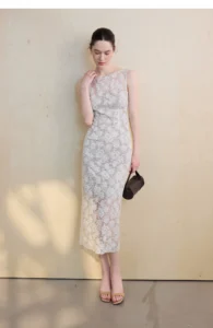 French lace dress autumn one neck sleeveless slim white dress
