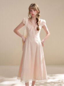 French lace waist cinching A-line length dress