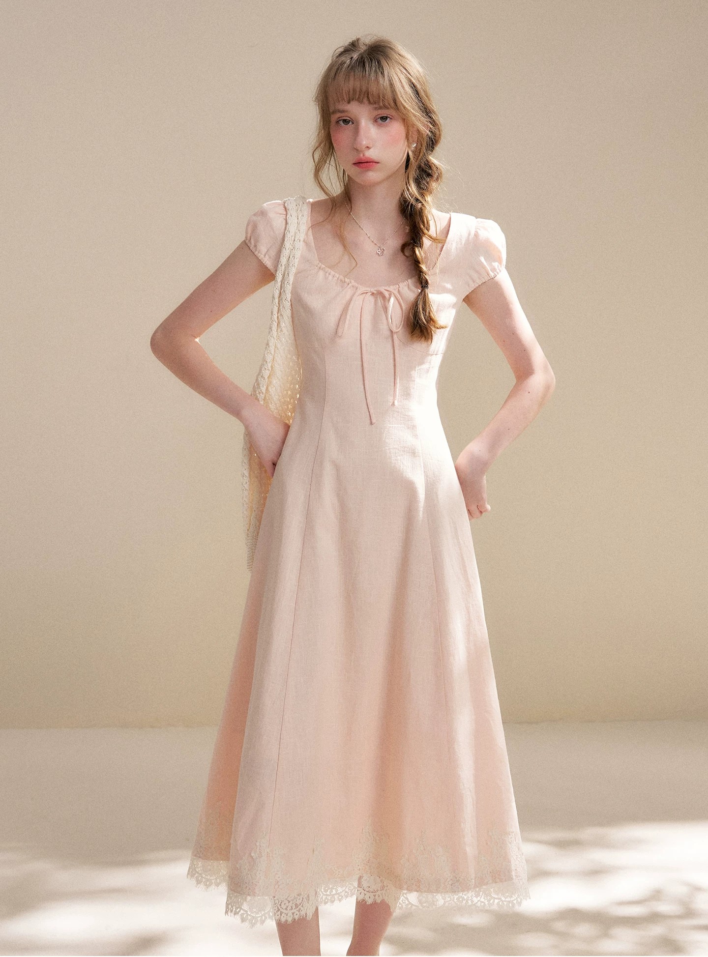 French lace waist cinching A-line length dress!!2211276342350 French lace waist cinching A-line length dress