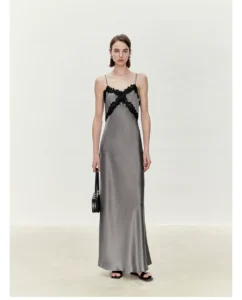 Acetate satin flowing lace patchwork V-neck suspender dress