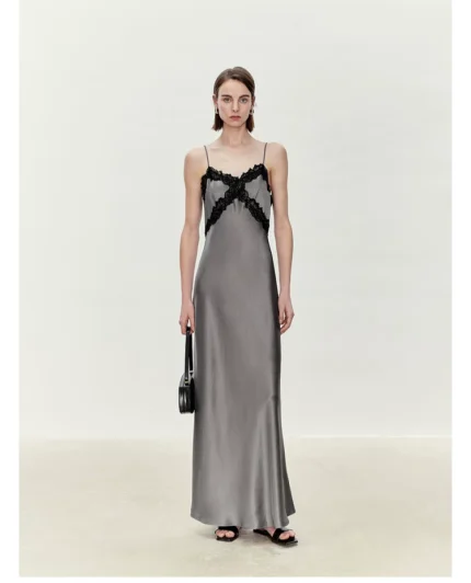 Acetate satin flowing lace patchwork V-neck suspender dress