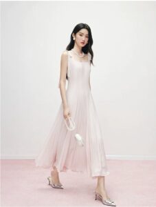 Bow square neck pink dress