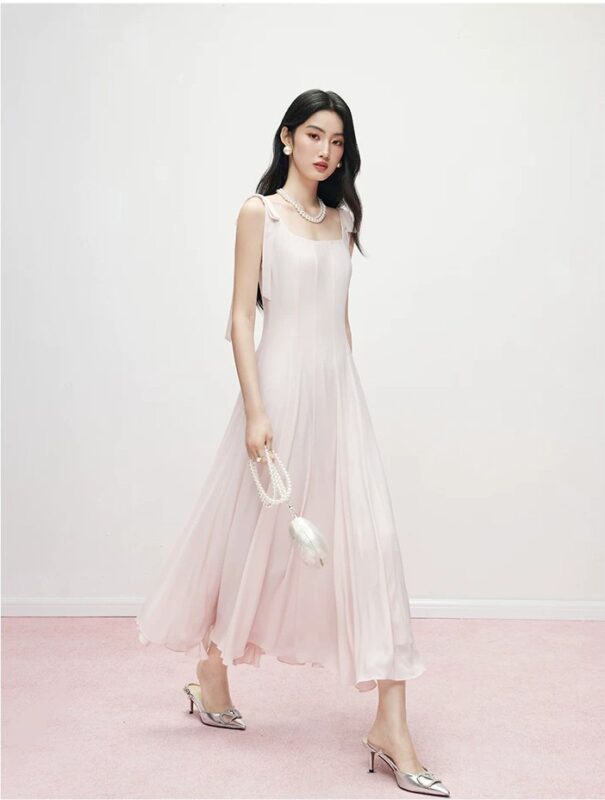 Bow square neck pink dress