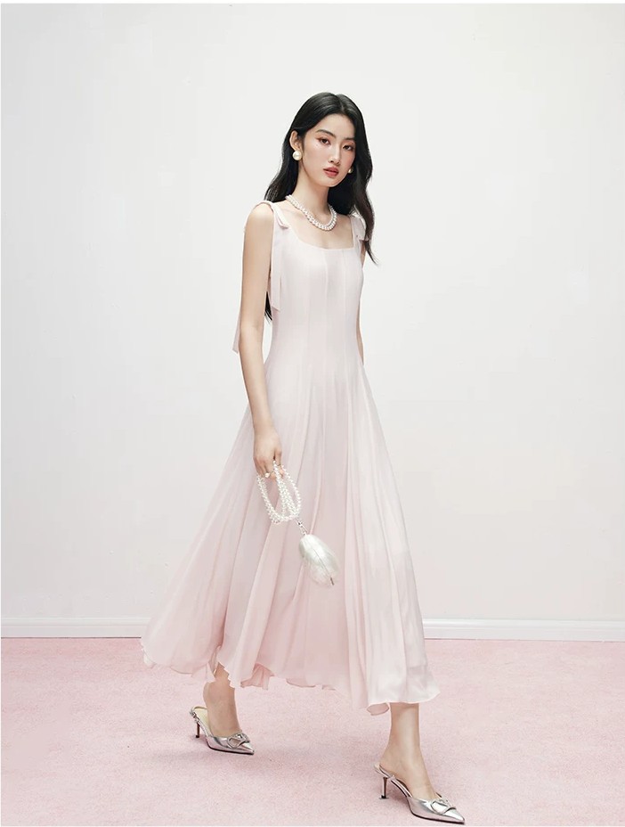 Bow square neck pink dress!!666293406 Bow square neck pink dress