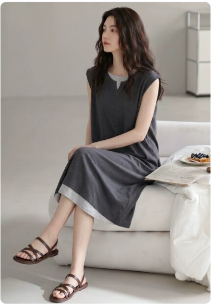 Summer pure cotton vest home clothes for women with breast pads and sleeping skirts