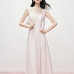 Bow square neck pink dress
