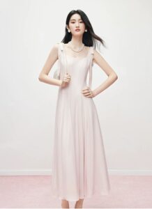 Bow square neck pink dress