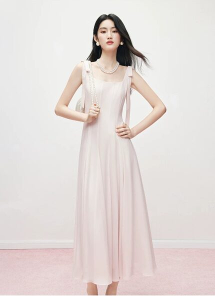Bow square neck pink dress