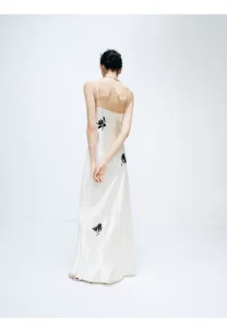 Strap skirt with white magnolia embroidered acetate long dress