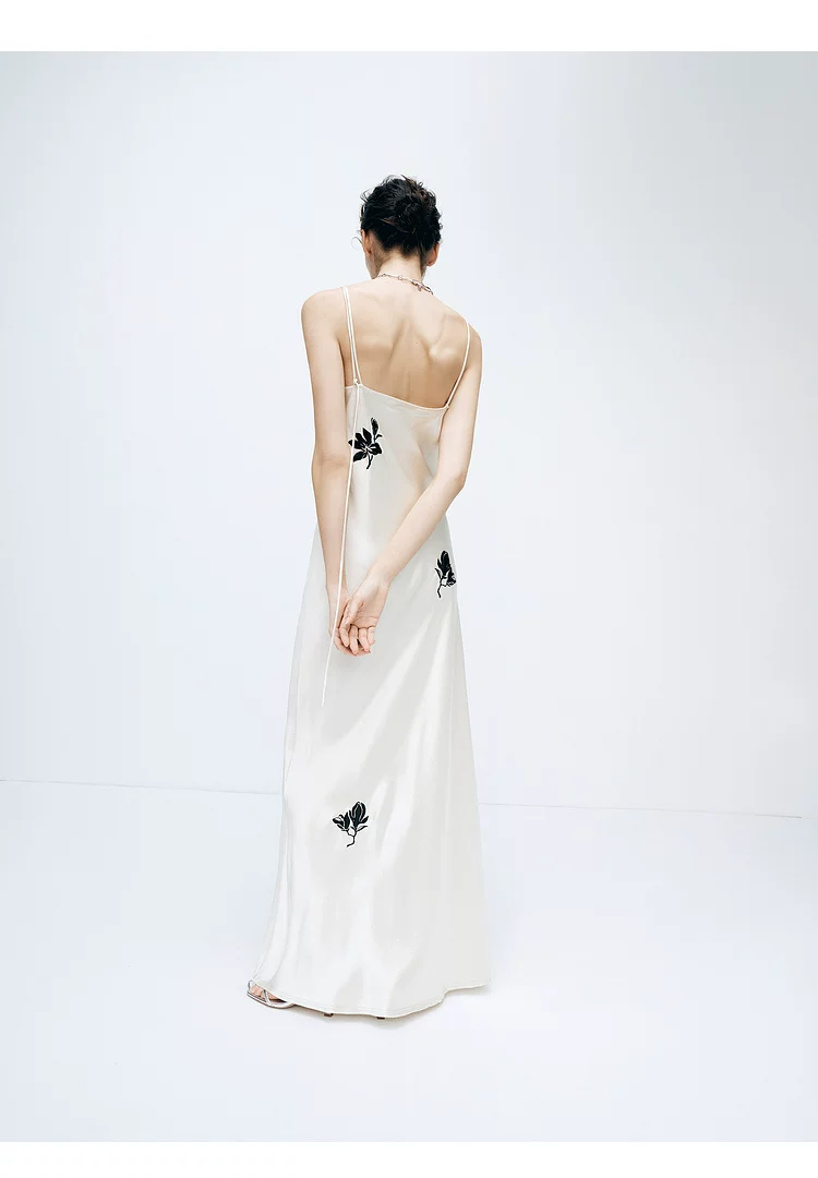 Strap skirt with white magnolia embroidered acetate long dress!!2206608281880 Strap skirt with white magnolia embroidered acetate long dress