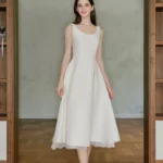 Hepburn style square neck backless dress with A-line lace patchwork hem skirt