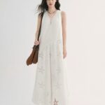 Knitted V-neck vest dress, vacation ocean embroidery dress, white skirt