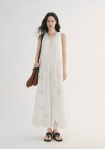 Knitted V-neck vest dress, vacation ocean embroidery dress, white skirt
