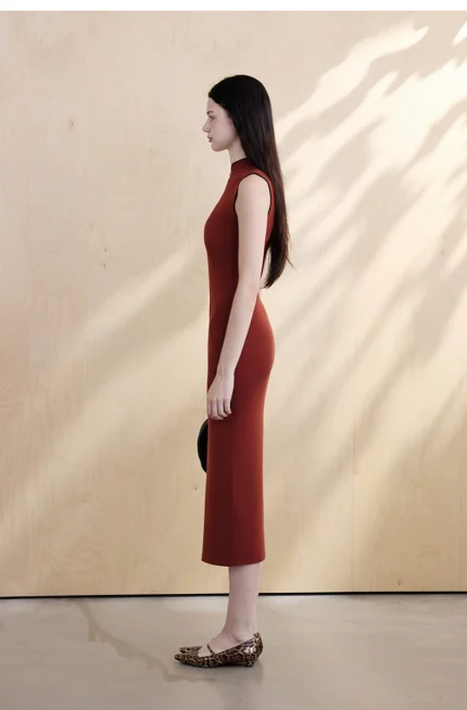 Jujube red contrasting slim fit cheongsam dress