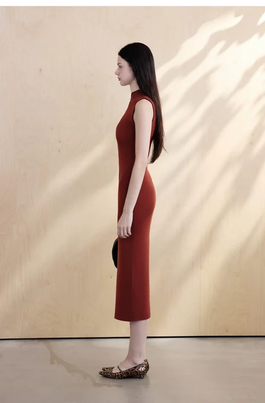 Jujube red contrasting slim fit cheongsam dress