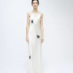 Strap skirt with white magnolia embroidered acetate long dress
