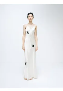 Strap skirt with white magnolia embroidered acetate long dress