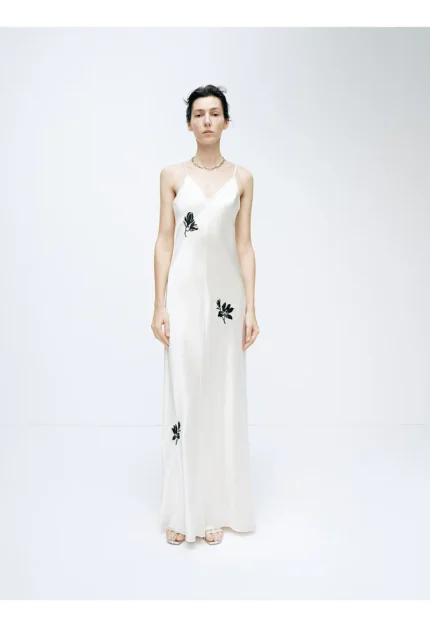 Strap skirt with white magnolia embroidered acetate long dress