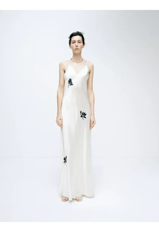 Strap skirt with white magnolia embroidered acetate long dress