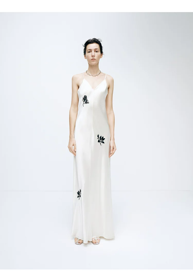 Strap skirt with white magnolia embroidered acetate long dress Strap skirt with white magnolia embroidered acetate long dress