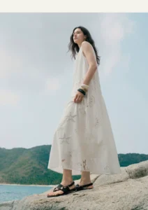 Knitted V-neck vest dress, vacation ocean embroidery dress, white skirt