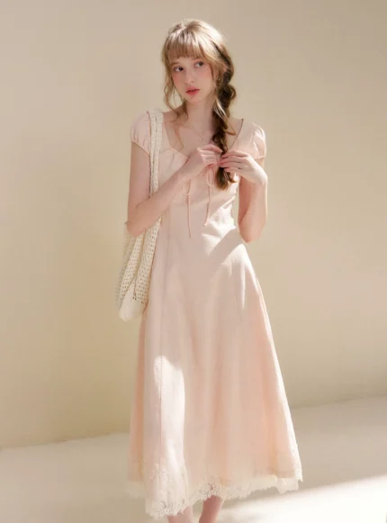 French lace waist cinching A-line length dress
