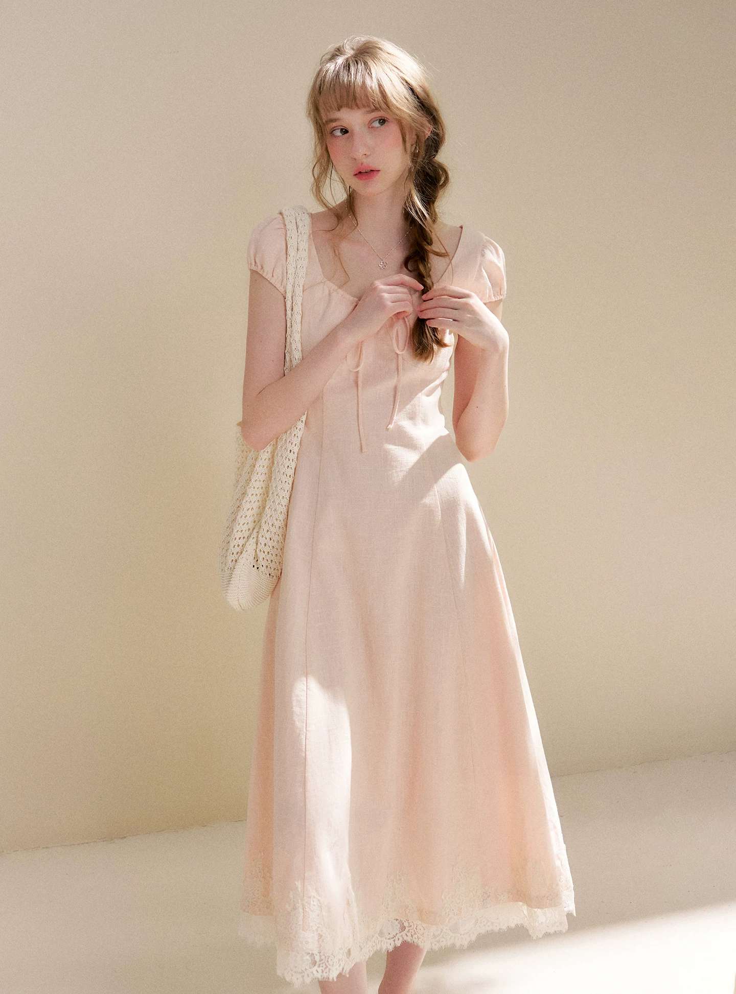 French lace waist cinching A-line length dress!!2211276342350 French lace waist cinching A-line length dress