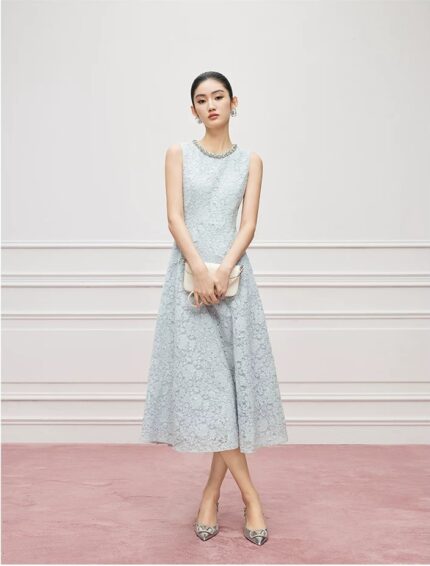 Nail bead blue lace sleeveless dress