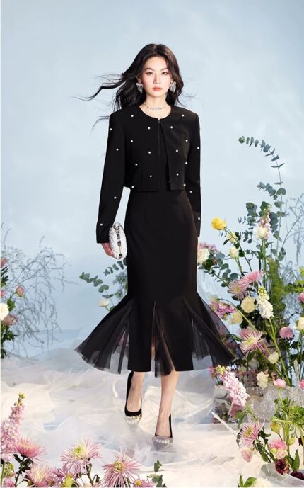 Square collar temperament fish tail dress